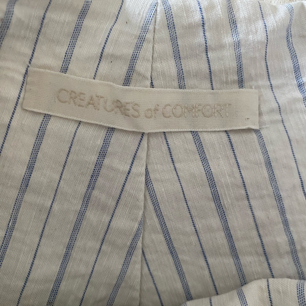 Creatures of Comfort- Highwaisted Ivory Trousers with pale Thin Blue Pinstripes - Picture 3 of 6